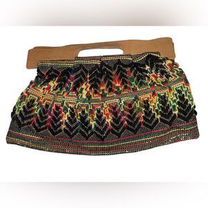 70s Vintage Tapestry Clutch Wood Handle Embroidered ZigZag Boho Hippie Bag
